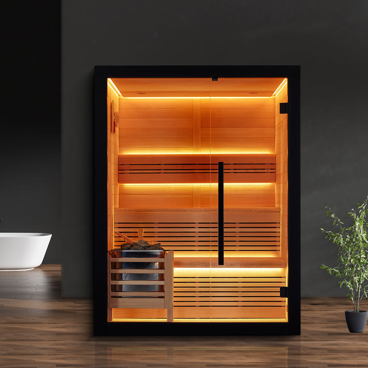 Outdoor sauna room model OFS12-2-T installed in a commercial setting
