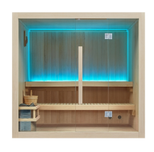 OFS04-1 hemlock indoor sauna room with Harvia stove and control panel