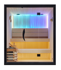 OFS05-1 indoor sauna room with Harvia stove and wooden interior