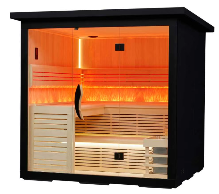 Outdoor sauna room with pentroof and aluminum plastic panel exterior