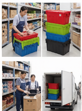 Attached lid stackable plastic tote model TSS-TBX in distribution and logistics application