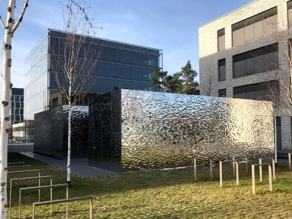 Architectural stainless steel curtain wall decoration in a modern commercial building