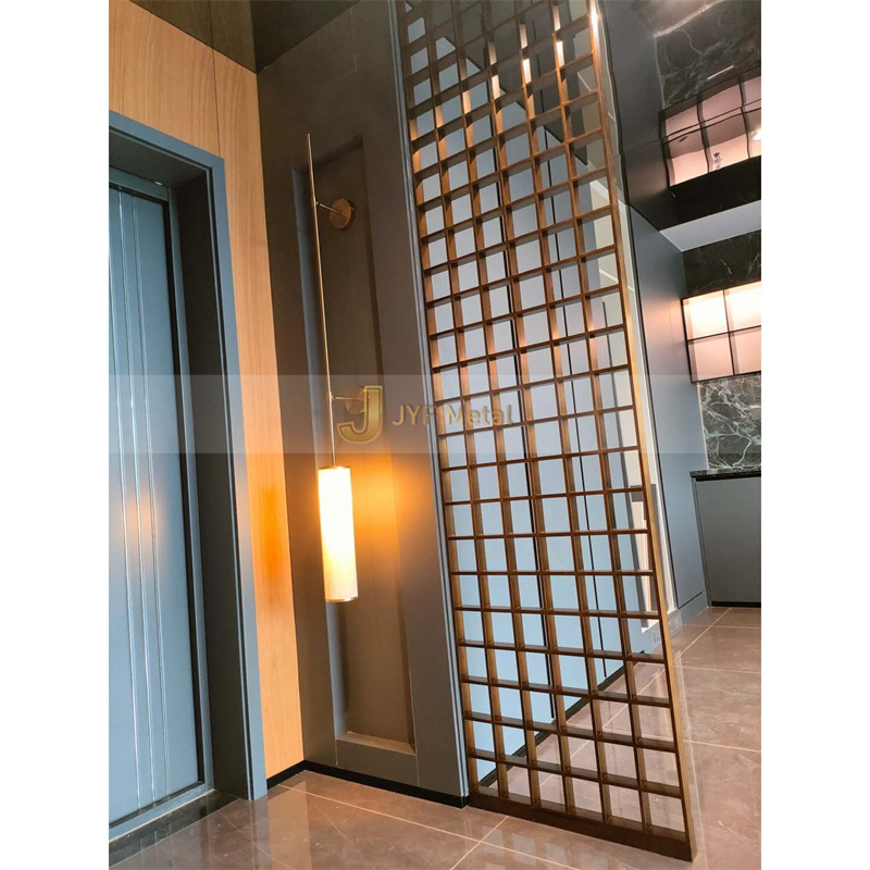 Stainless steel welded screen partition with precision joints for architectural space division