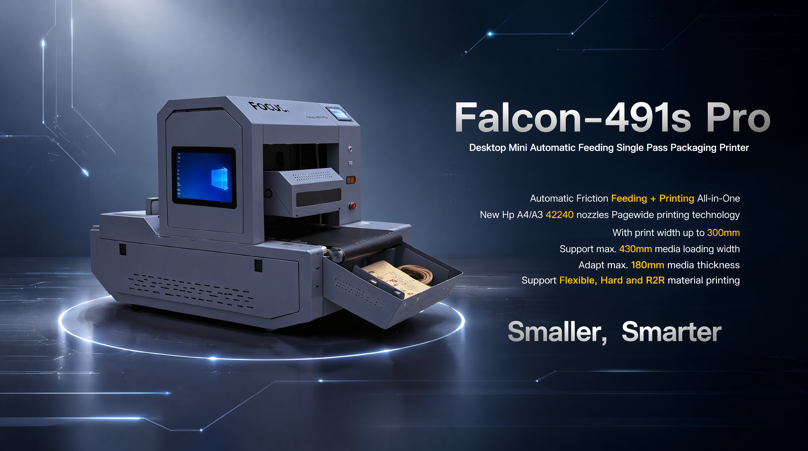 banner of Falcon-491S Pro desktop start-up single pass packaging printer