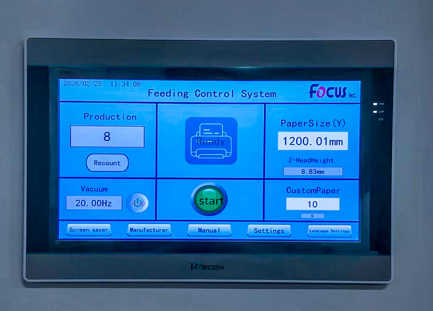 The touchscreen system supports setting loading parameters for different materials.