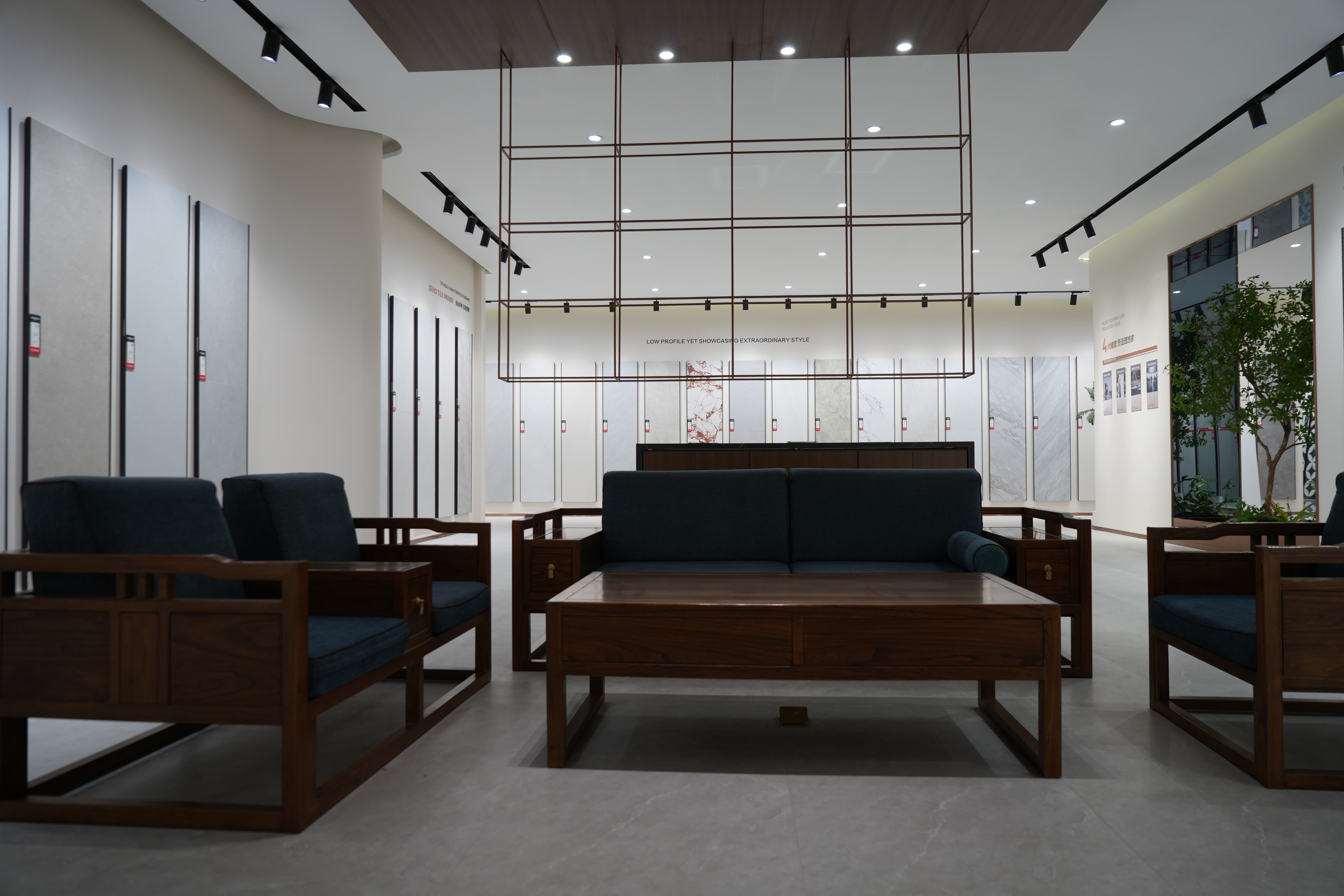 Porcelain tiles used in modern living room commercial space