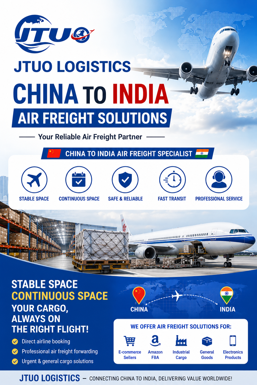 Air freight capacity solutions diagram for China to India airport-to-airport shipments