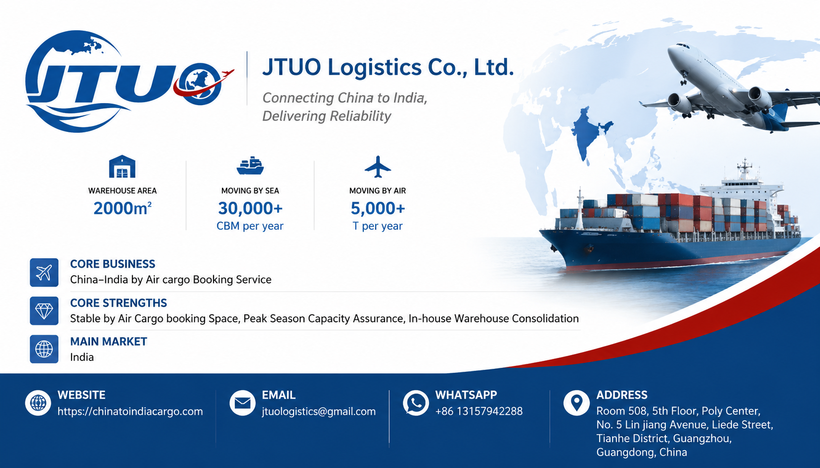 JTUO Logistics contact for China to India air freight space booking