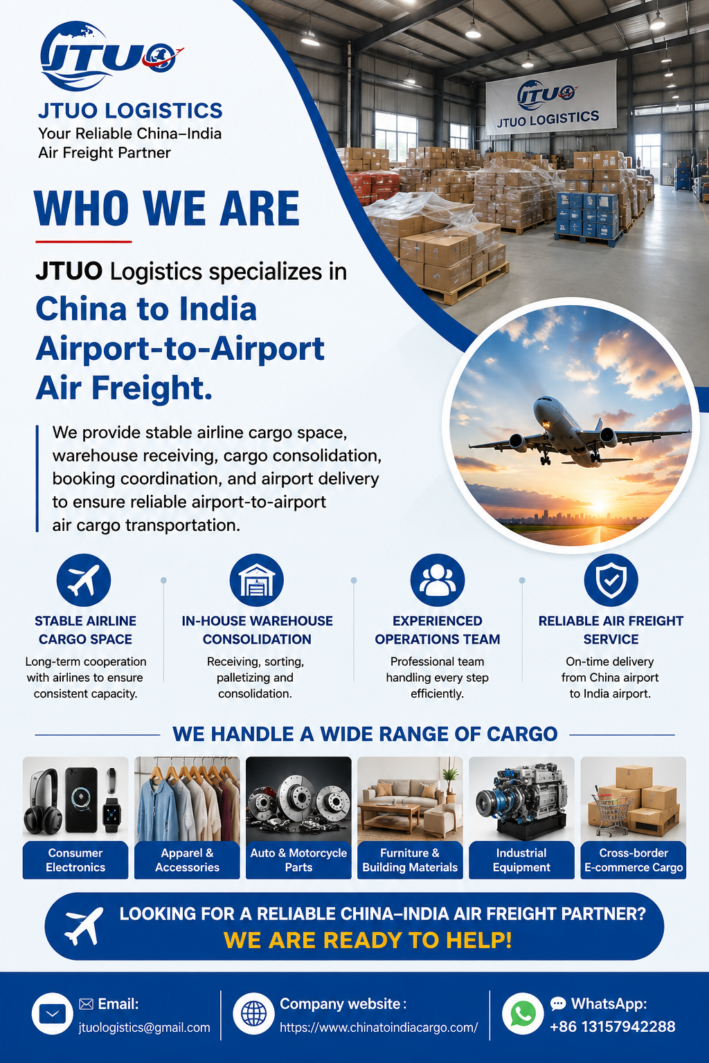 JTUO Logistics key services diagram for China to India air freight space and consolidation