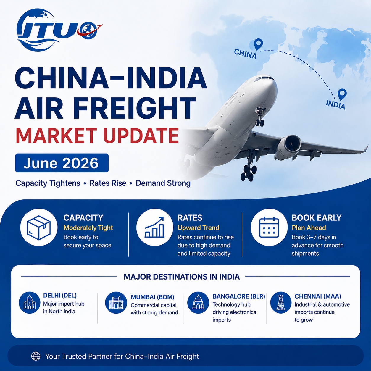 Major Indian airports receiving China to India airport-to-airport air cargo