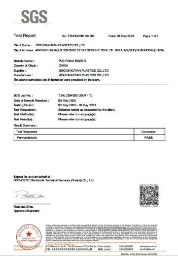 Formaldehyde certificate for DINGTIAN PVC foam board issued by SGS