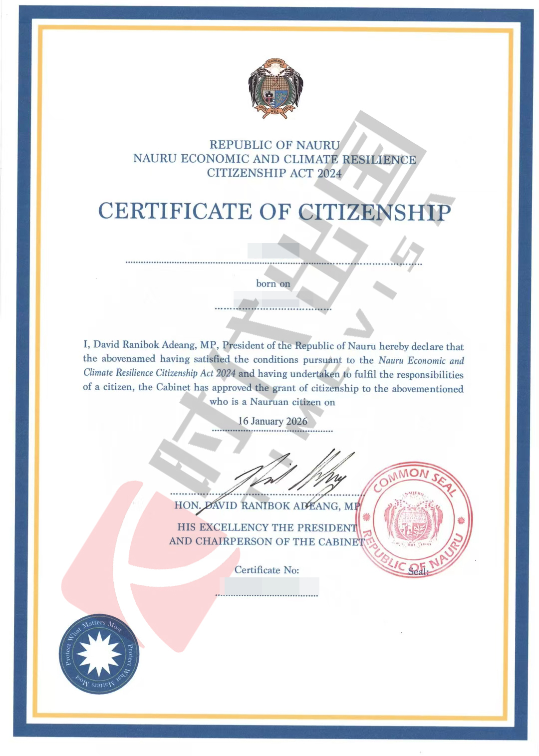 Nauru Citizenship by Investment Program Certificate