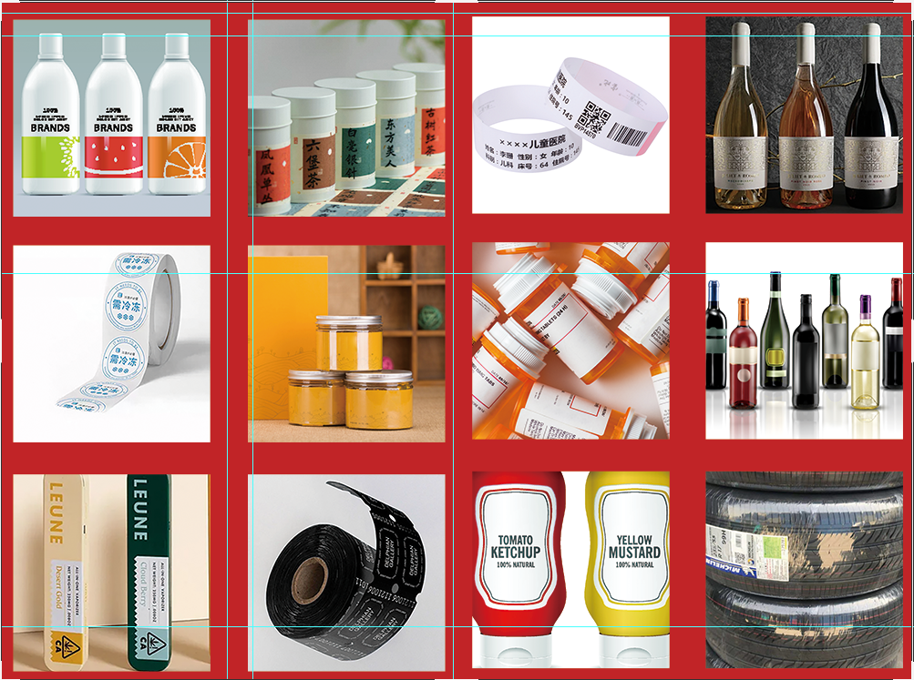 Various self-adhesive label application scenarios including daily chemicals, food, cosmetics, and pharmaceuticals printed on Caisheng label presses
