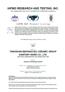 IAPMO R&T cUPC Certification for Ceramic Plumbing Fixtures (File No. 6560)