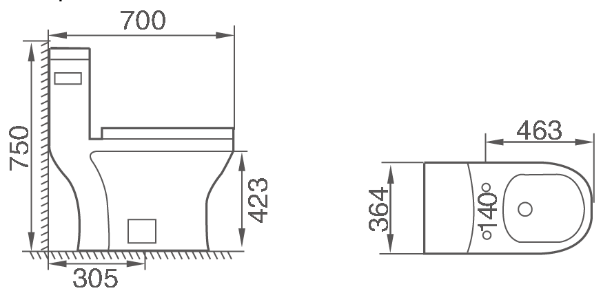 FTO-8004 one-piece siphonic ceramic toilet, 700 × 364 × 750 mm, S-trap with 305 mm roughing-in