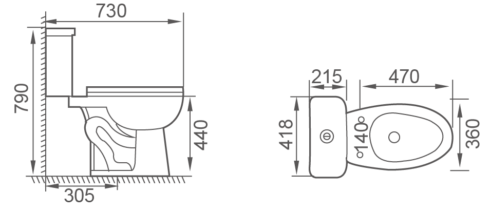 FTZ-0425HD two-piece siphonic toilet side view