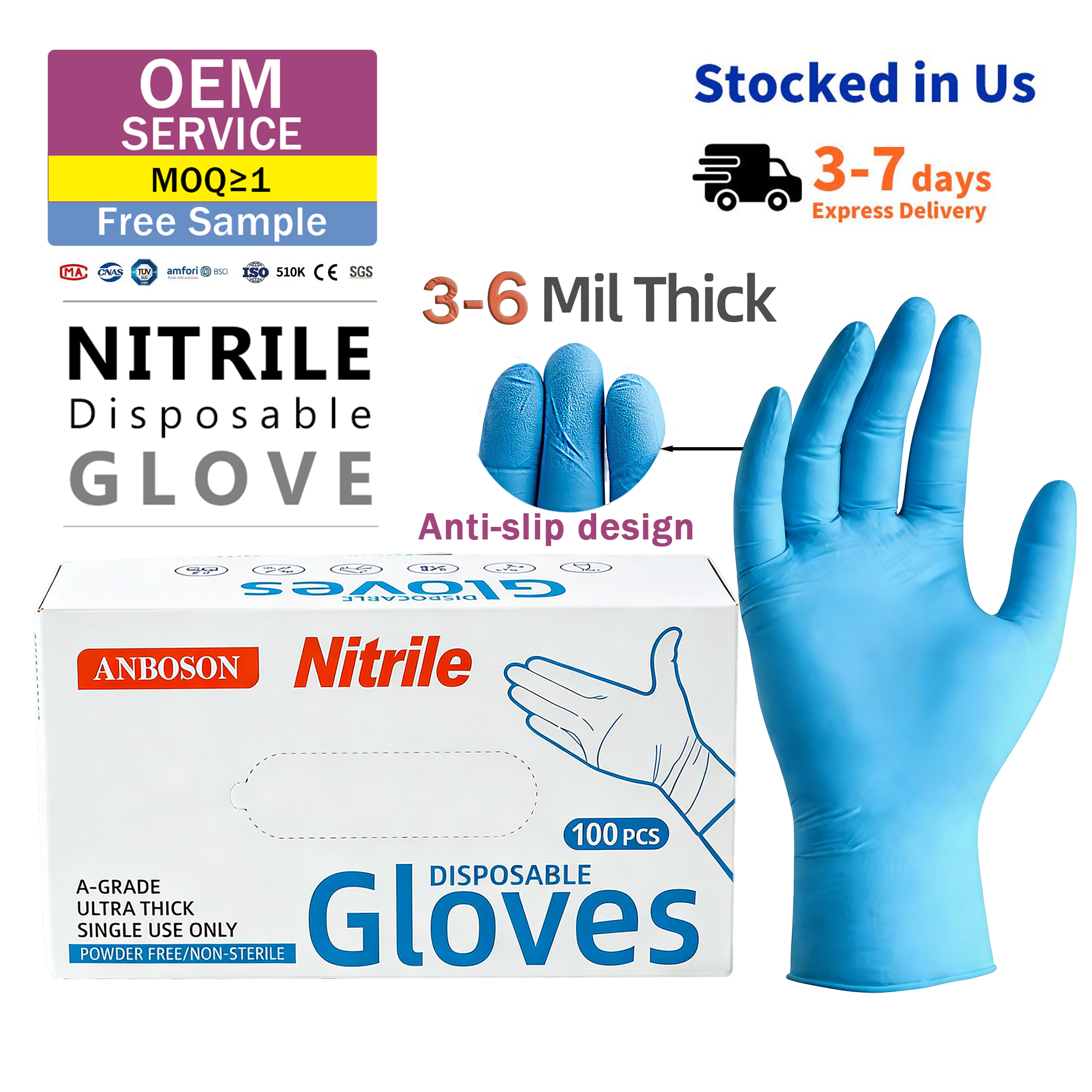 Medical examination grade nitrile gloves in blue, referenced in EN 455 and FDA documentation