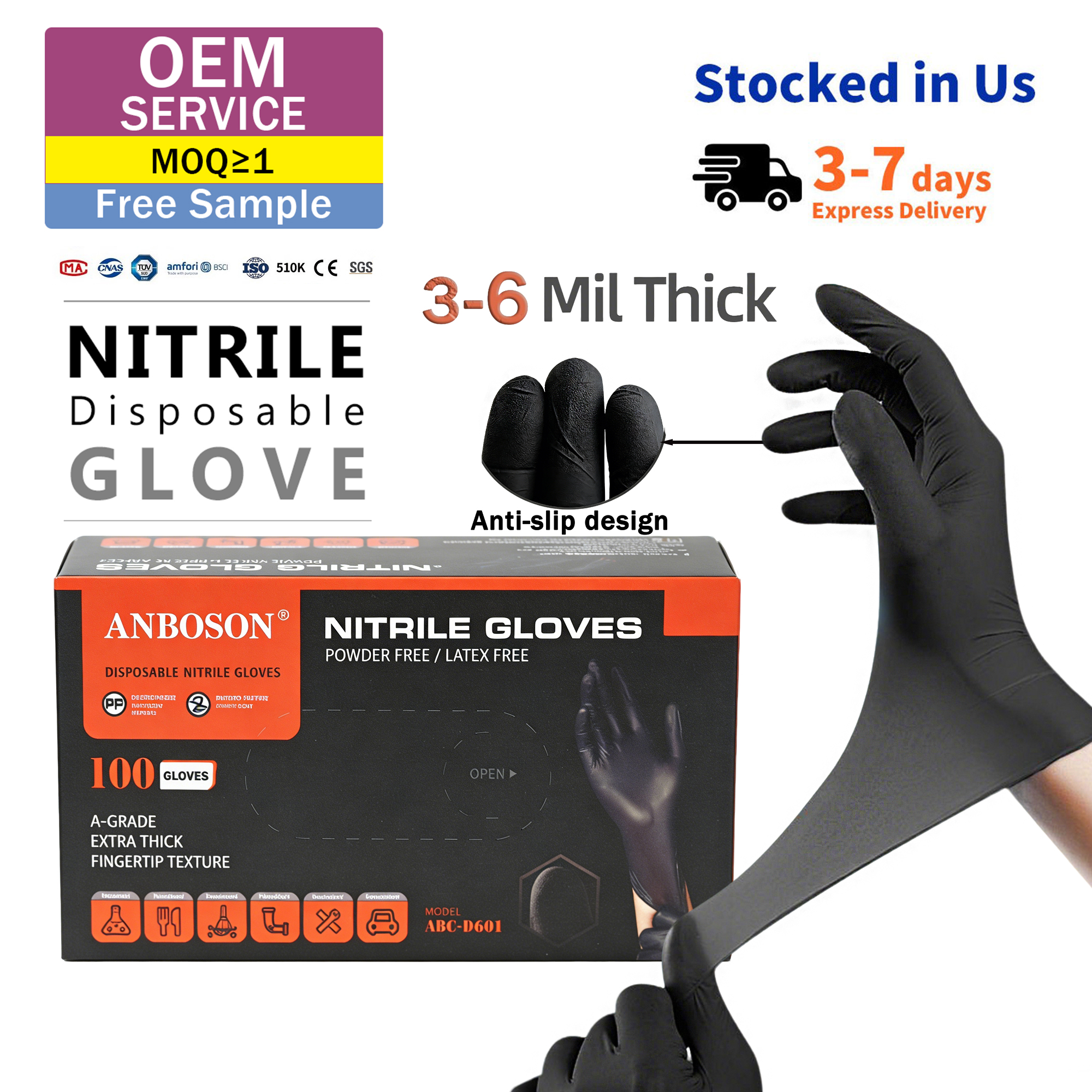 Black food grade nitrile gloves 5 mil on white background