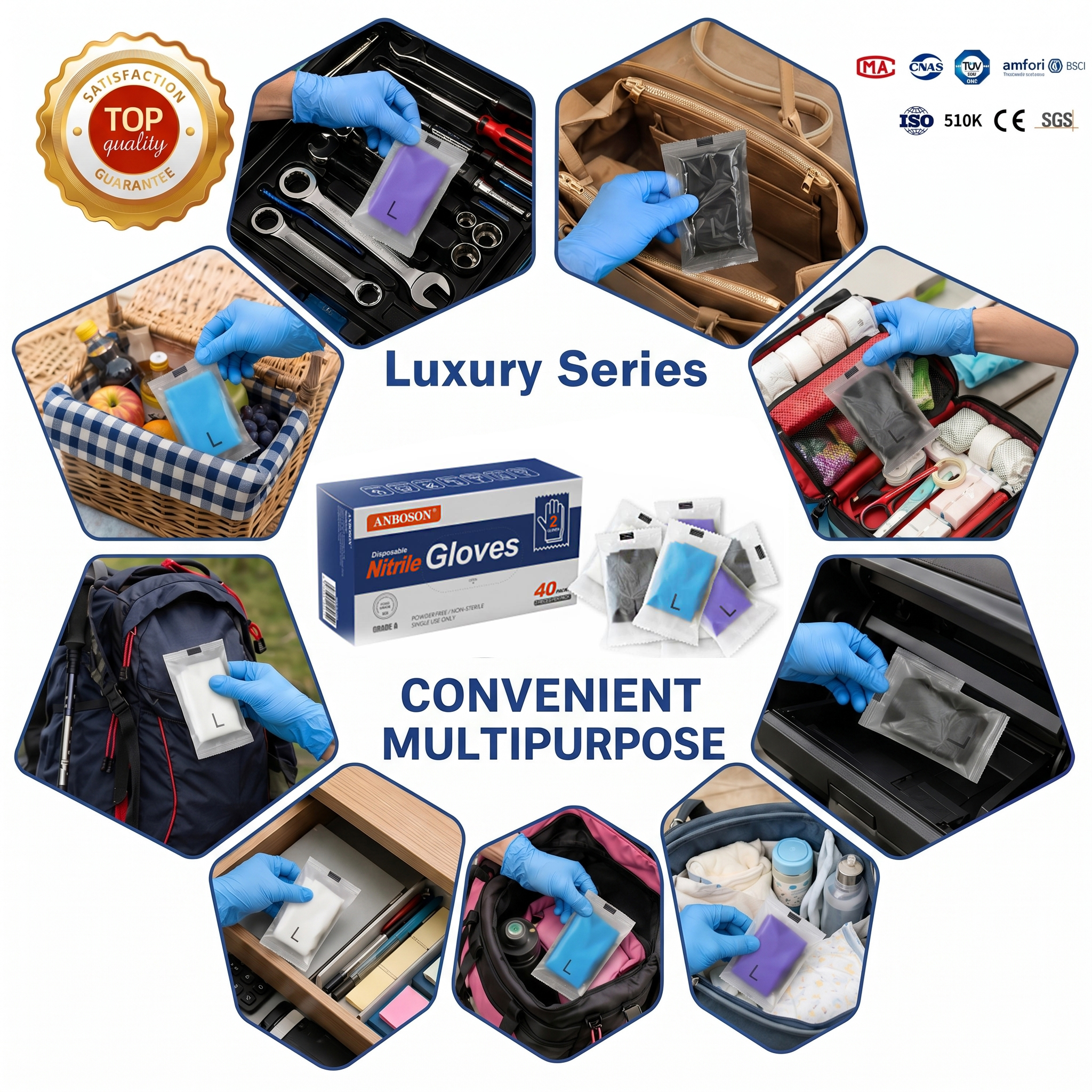 ANBOSON Individually Wrapped Nitrile Gloves in blue, single-pair sealed packaging for e-commerce, travel, and beauty use