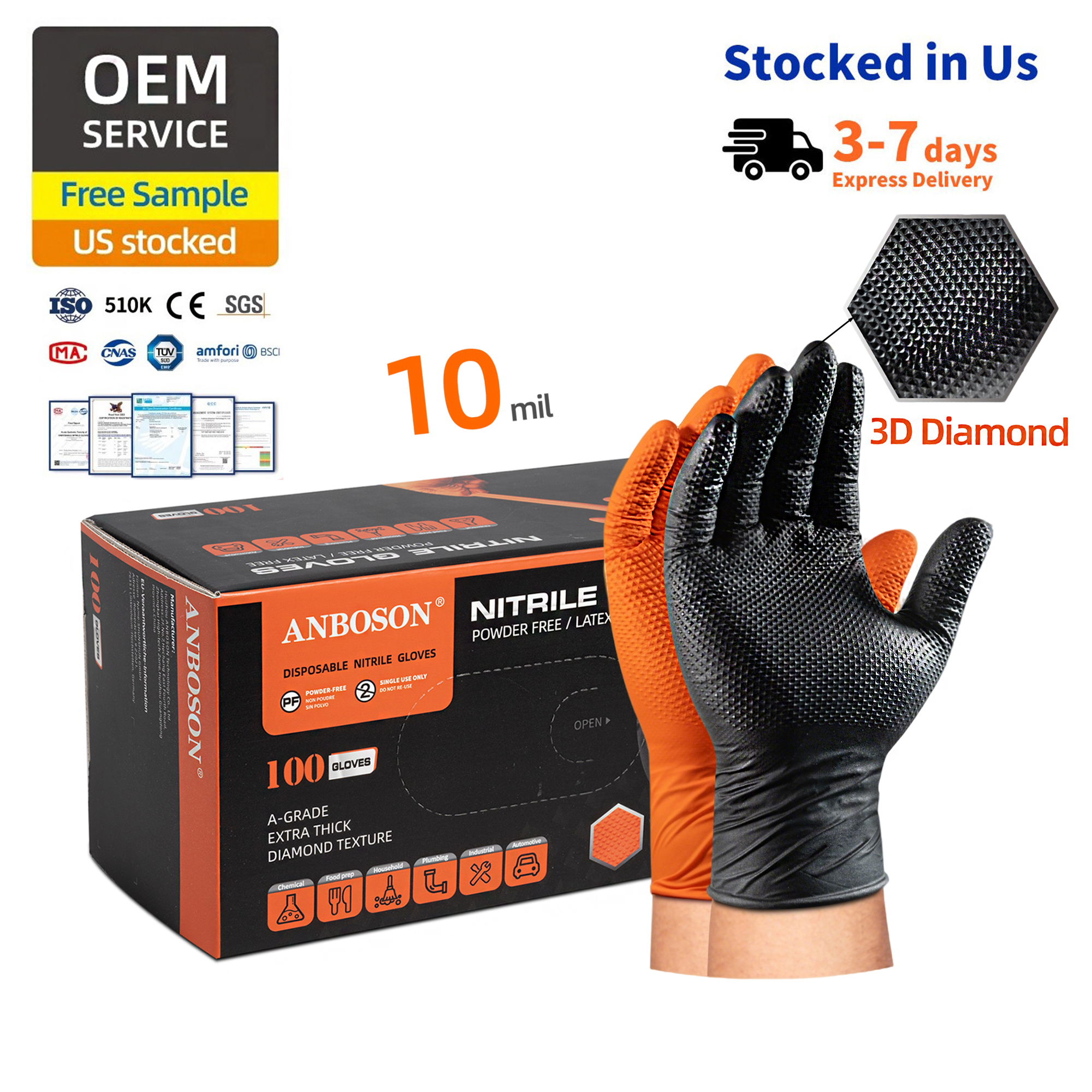 ANBOSON Heavy Duty Industrial Nitrile Gloves in black and orange with Diamond Grip texture, 8mil and 10mil thickness options