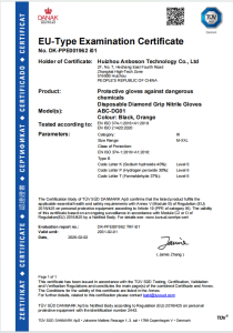 DIMOND GRIP NITRILE GLOVES EN ISO 374-1:2016+A1:2018 & EN ISO21420:2020 CE Certificate