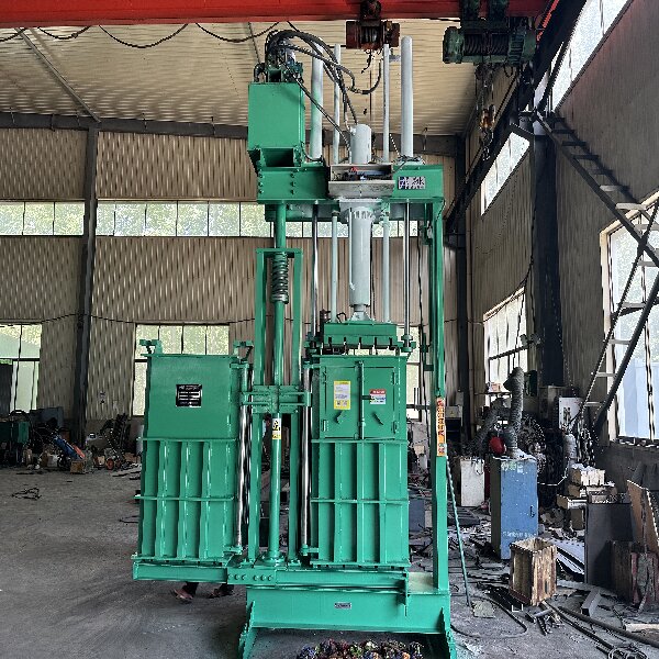 NK-T90L vertical baler in operation, compressing garments