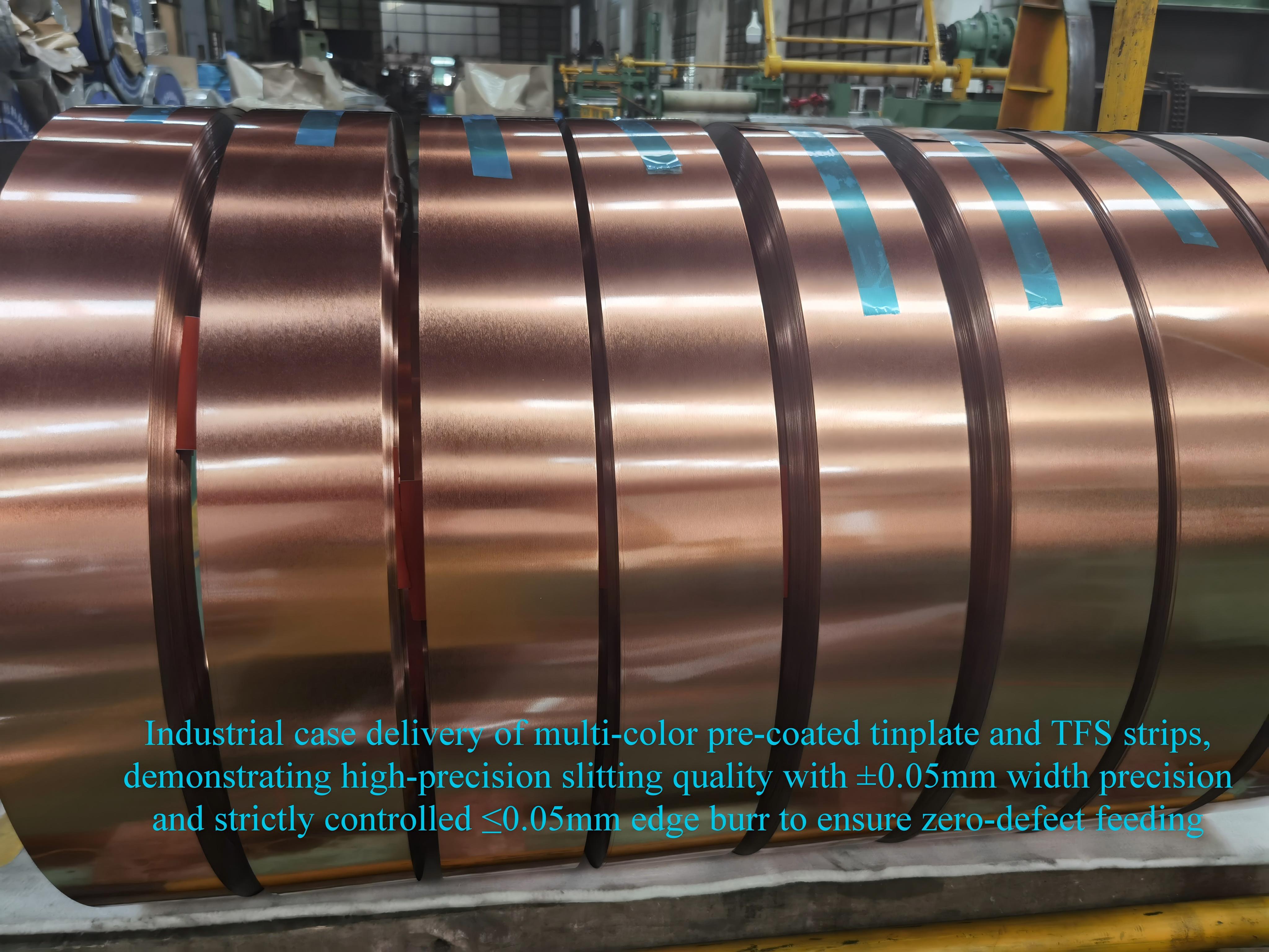 Precision burr-free slit tinplate strip coils for automated progressive die stamping