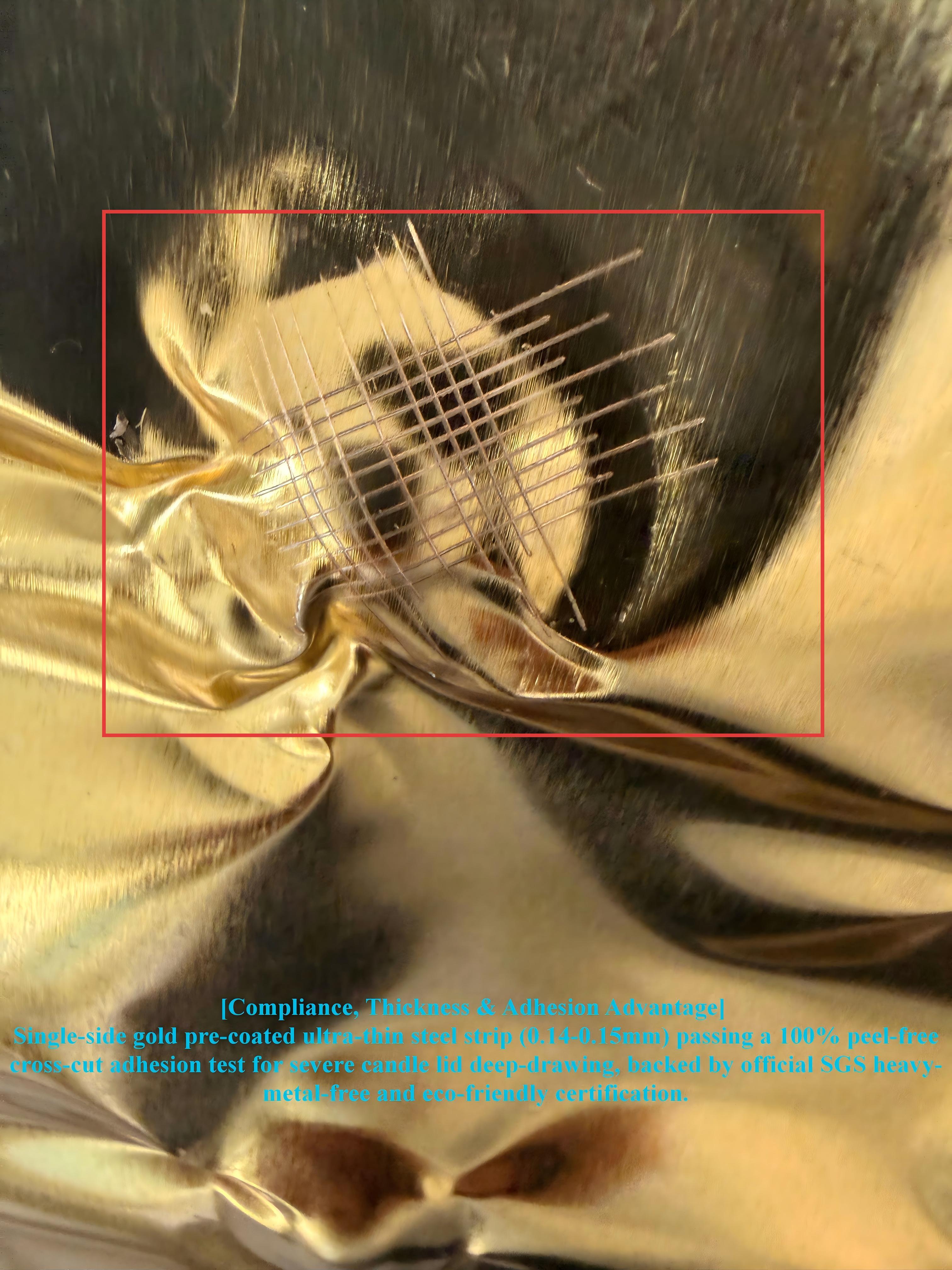 Cross-cut adhesion test on 0.14mm to 0.15mm ultra-thin SGS certified eco-friendly gold coated tinplate strip