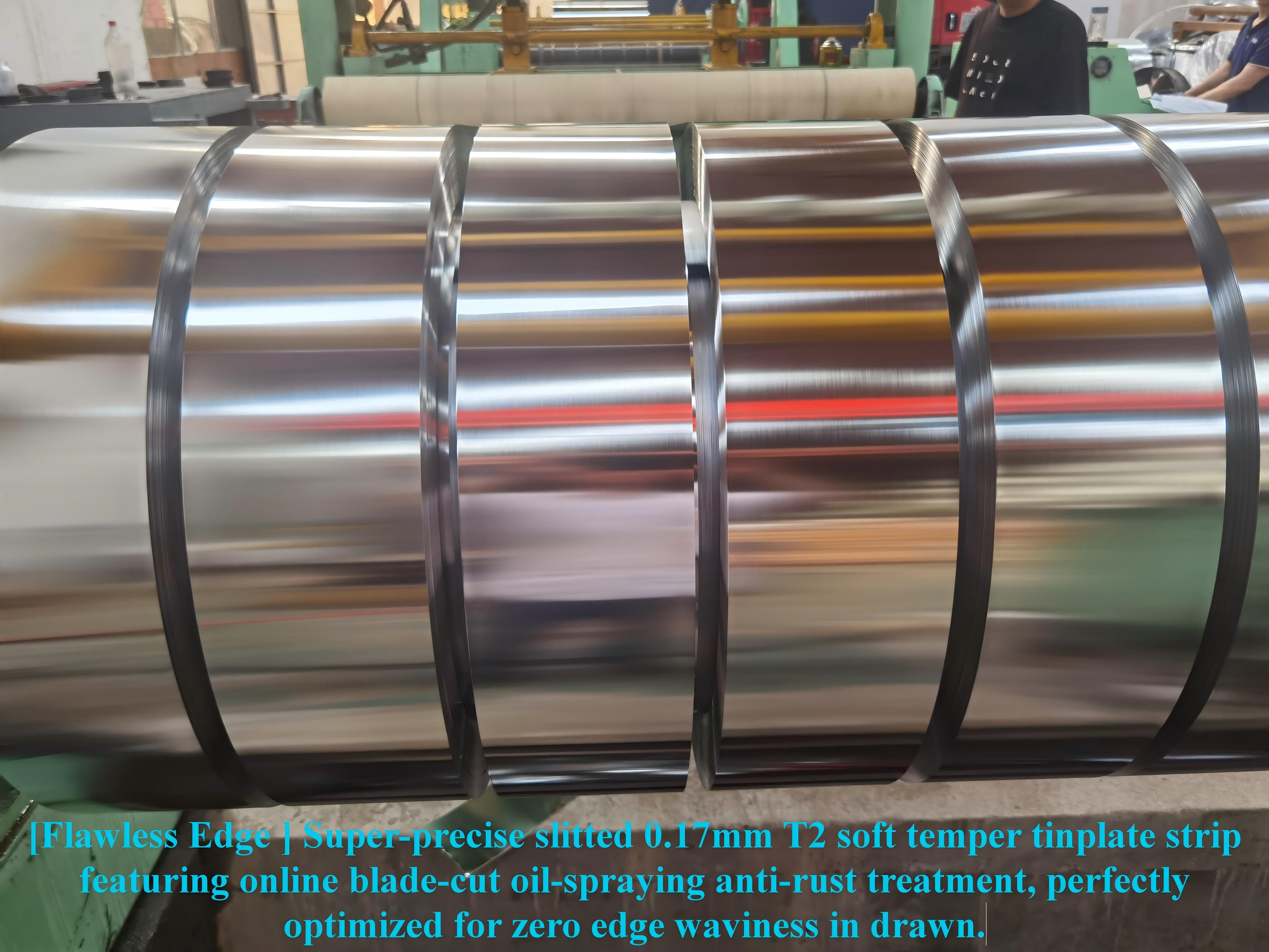 Ultra-thin T2 tinplate strip showing anti-rust edge treatment