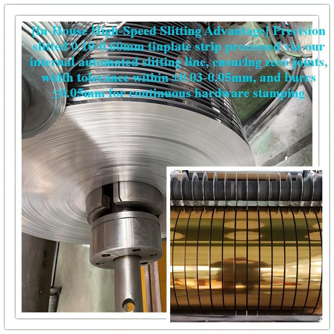 Precision slitted tinplate strip coil produced on a high-speed slitting line with batch traceability documentation