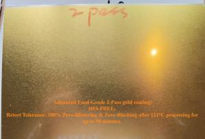 Tinplate sheet with internal 2-pass gold coating for 2-piece meat cans