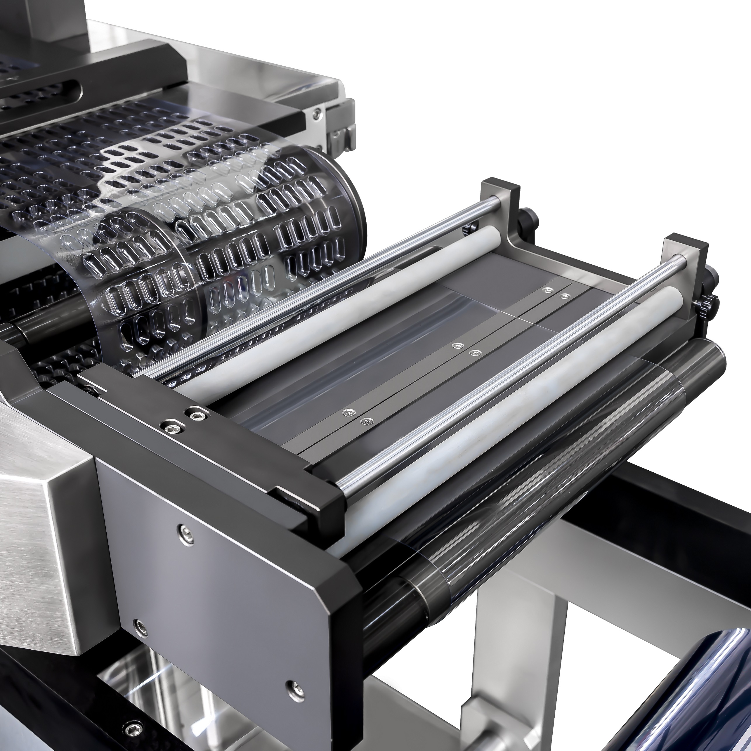 External PVC roll stand with pneumatic lifting on a rotary blister packing machine