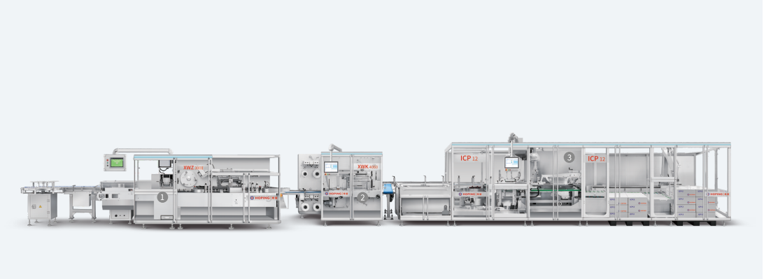 HOPING automatic cartoner production line integrating cartoning, stretch banding, case packing and palletizing