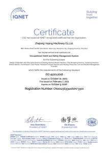 ISO 45001:2018 Occupational Health and Safety Management System Certificate