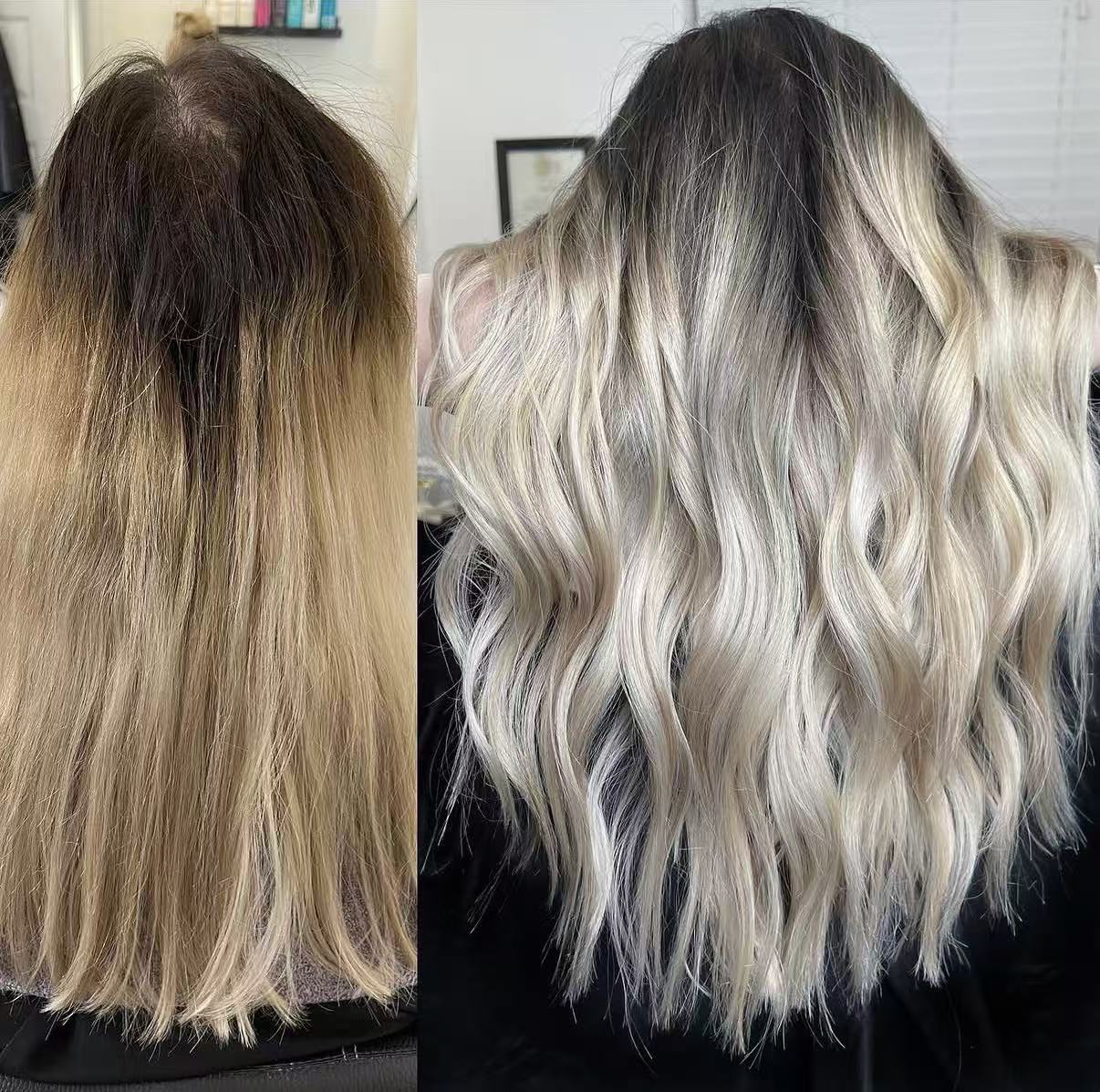Comparison of Dolas Dream genius weft vs normal remy hair showing cuticle alignment and track thickness
