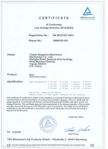 TÜV Rheinland Certificate of Conformity LVD 2014/35/EU for Drum Motor