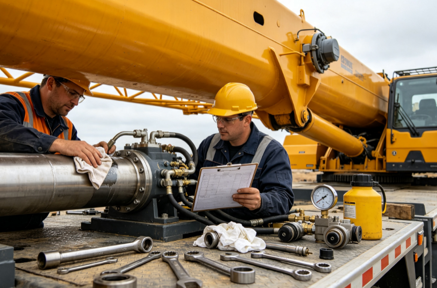 Truck crane repair and maintenance work on a 20-150 ton mobile crane at a service site