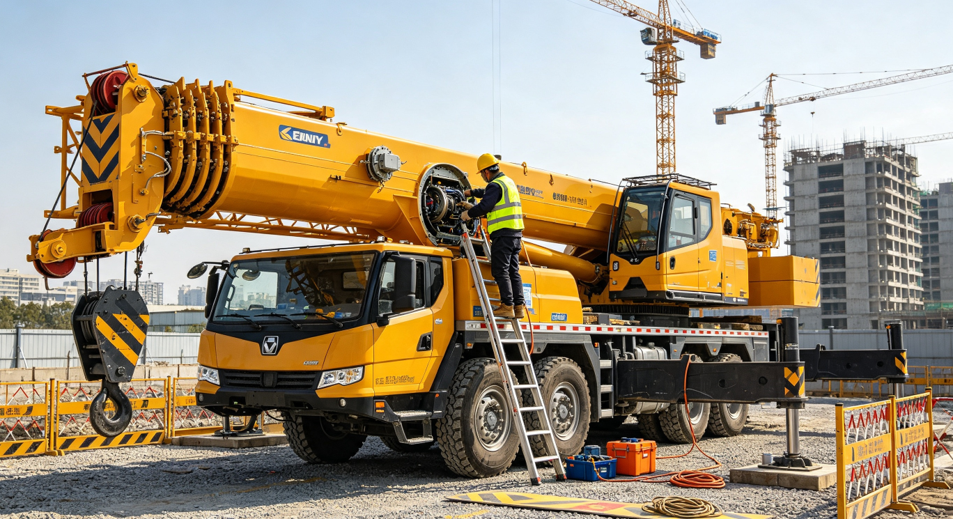 Truck crane maintenance workshop preparing replacement parts kits for XCMG, SANY and Zoomlion cranes