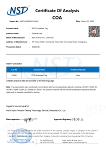 RFID Embeded Tag Certificate of Analysis (COA)