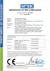 UHF RFID Reader & Writer CE RED Certificate of Compliance 2019