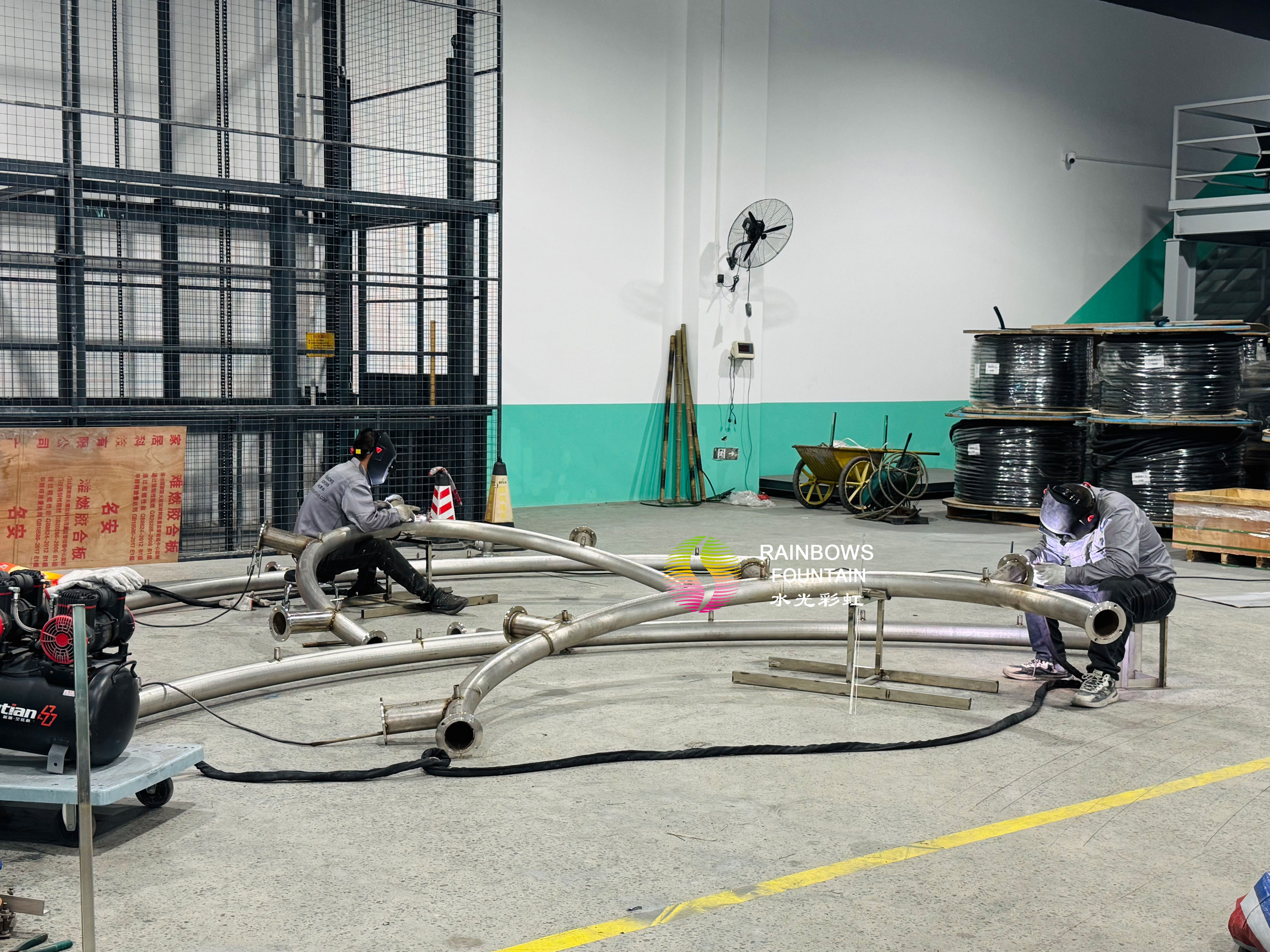 Customized stainless steel fountain piping fabricated to project drawings for a musical fountain system