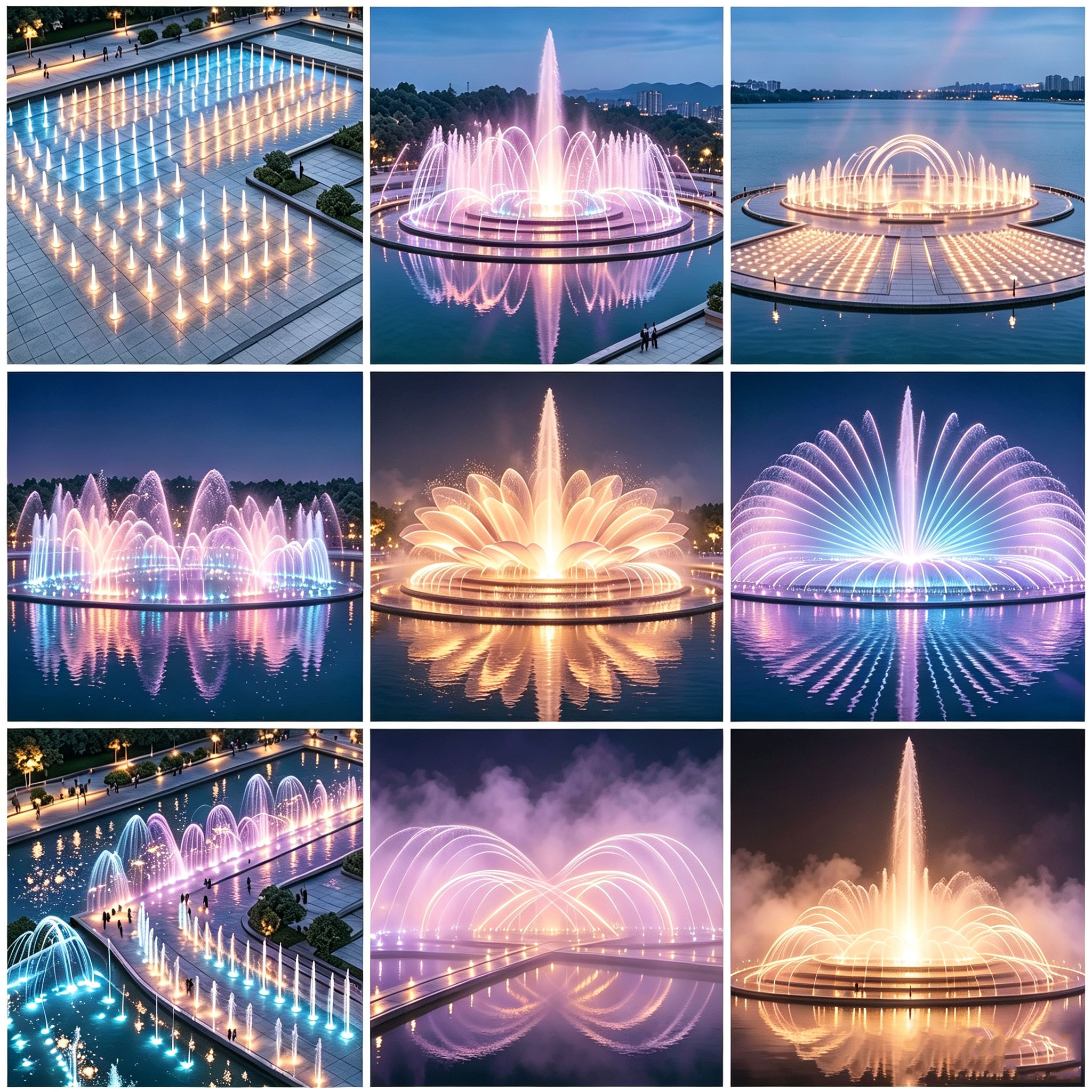 Customized musical fountain water effect design proposal based on site conditions, client requirements, and budget plan