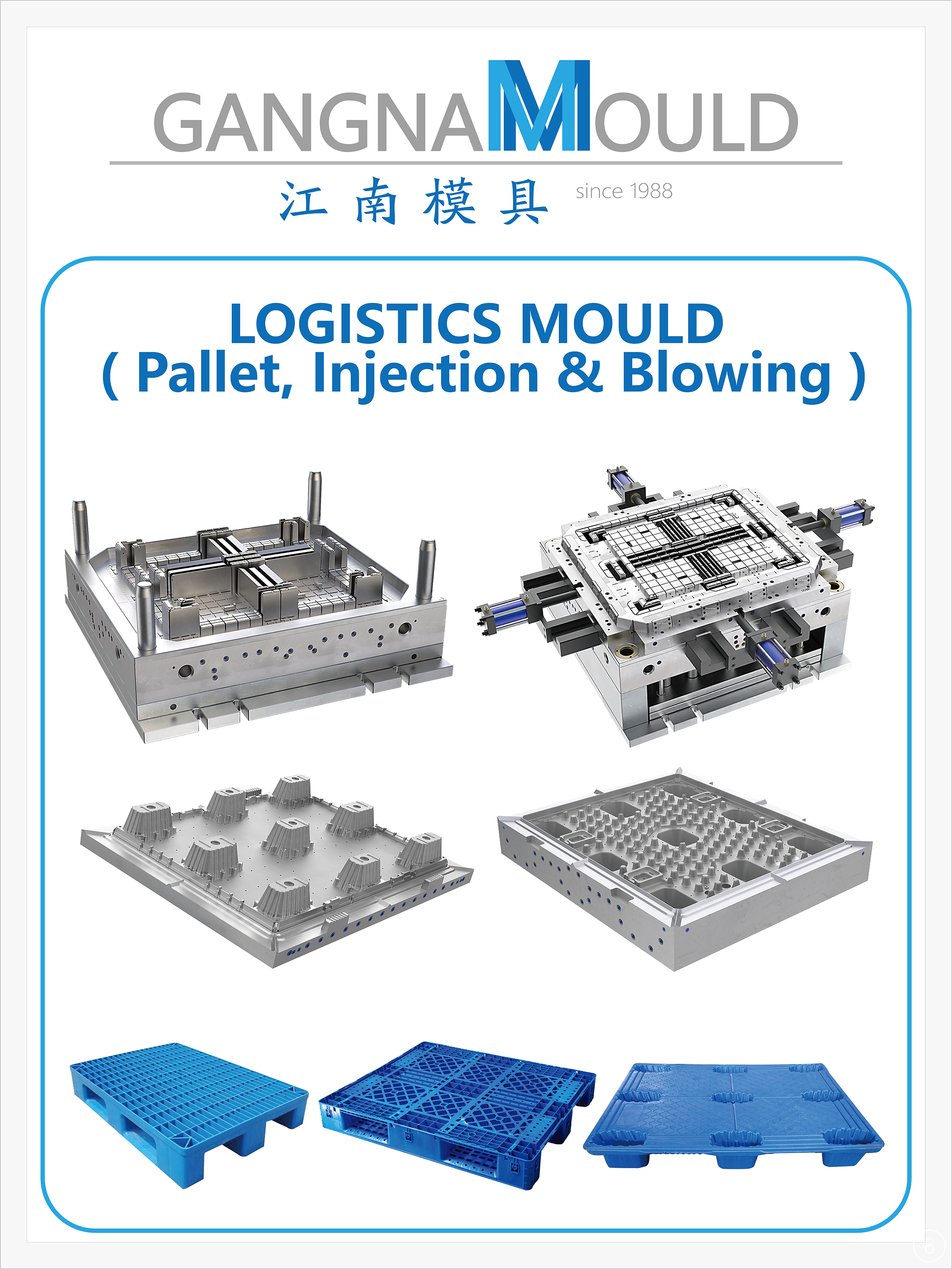 Pallet mould and injection and blowing mould for logistics and industrial use