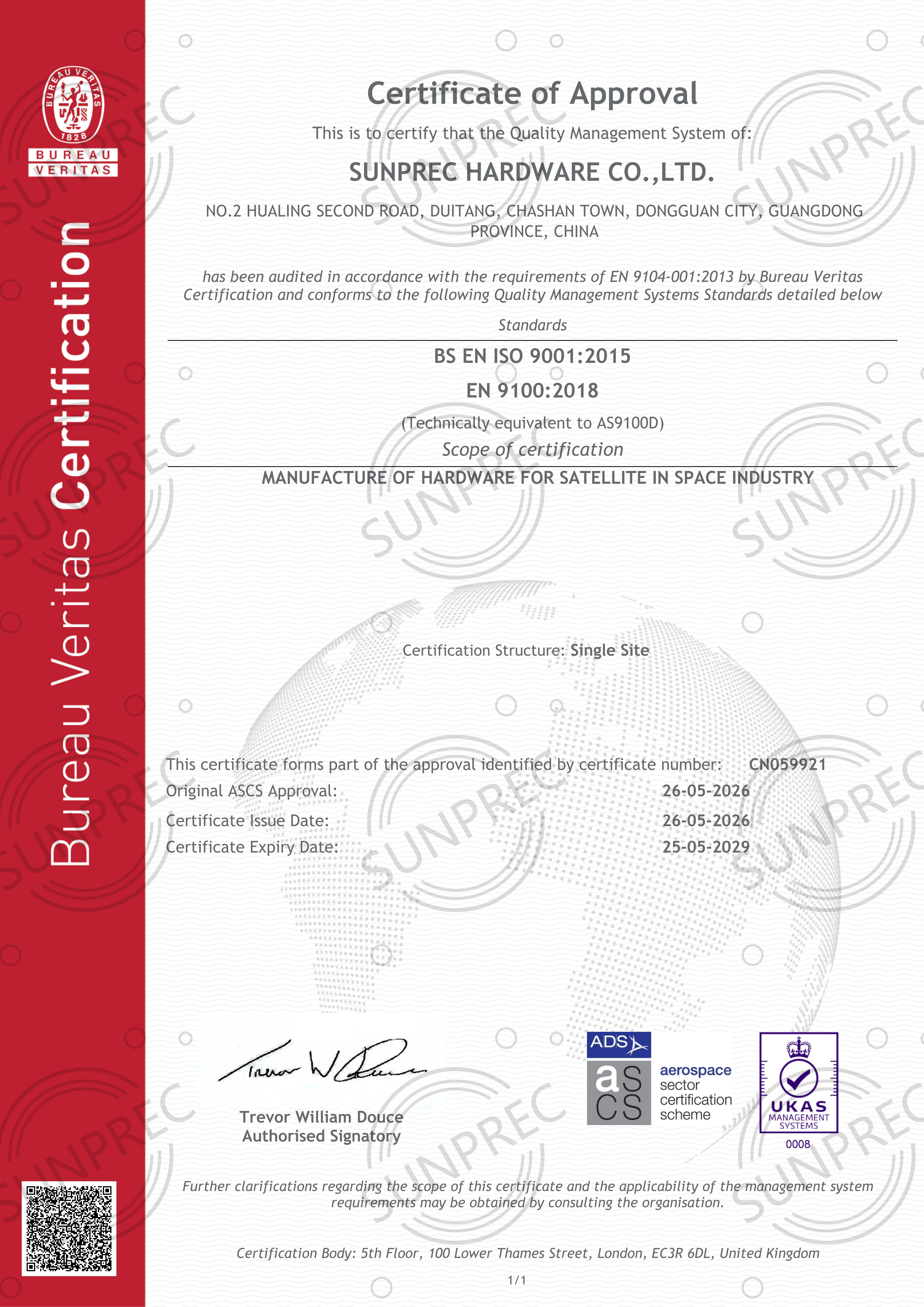 AS9100 aerospace quality management system certificate CN059921 issued to SUNPREC HARDWARE CO., LTD.