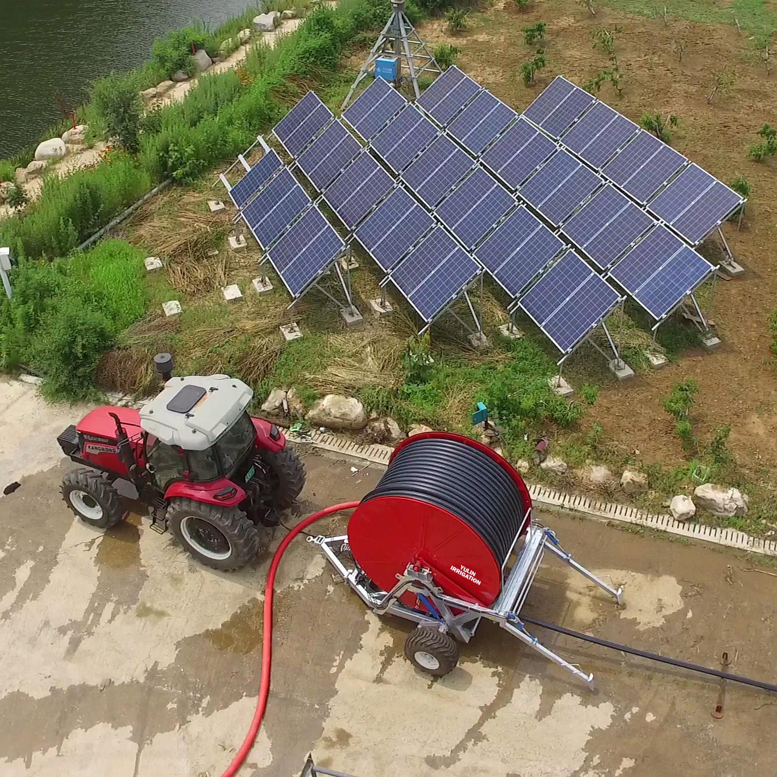 Hose reel irrigation equipment working in large-scale soybean farming in Brazil