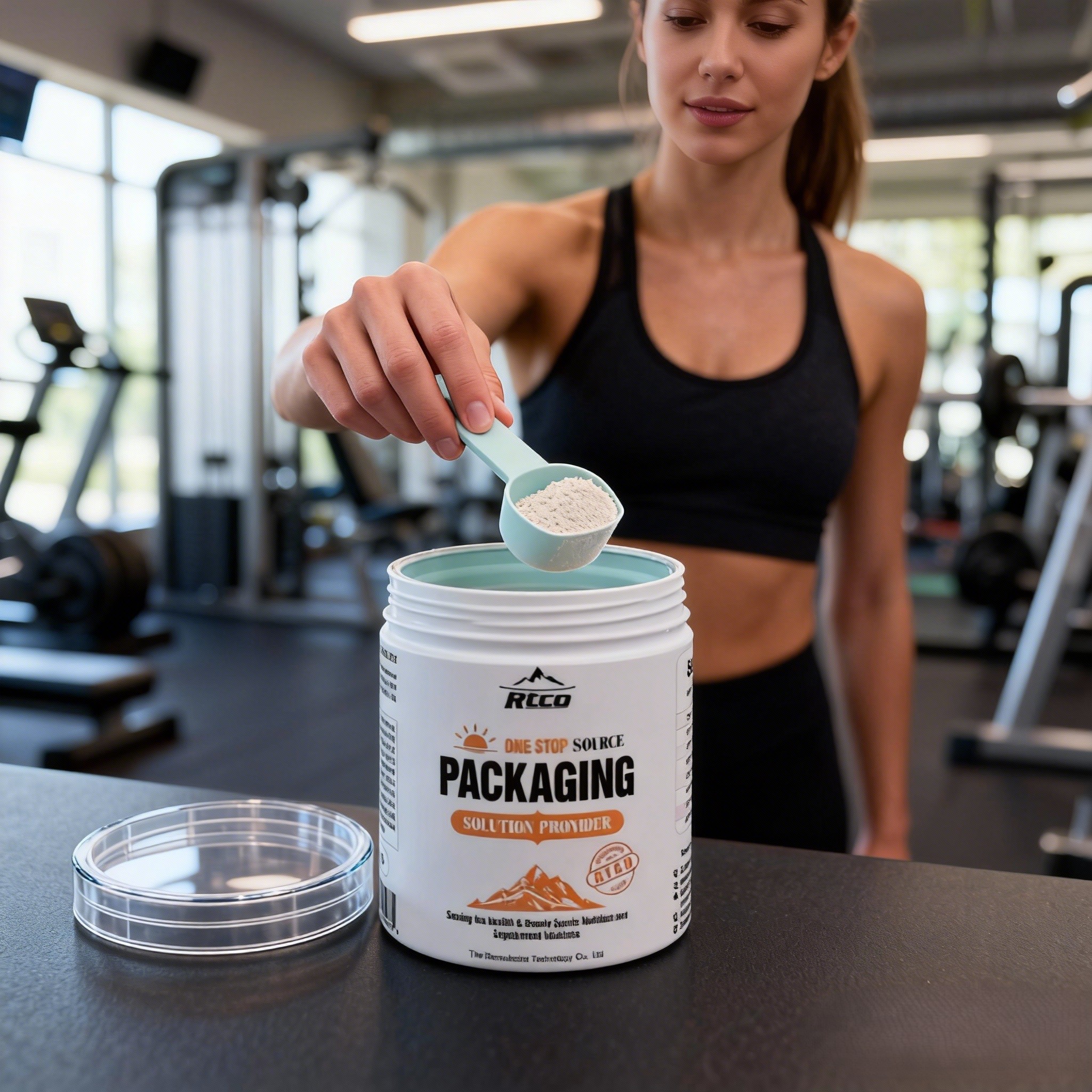 Soft touch custom supplement bottle with integrated scoop hook