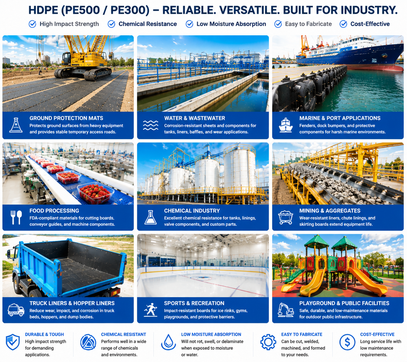Industrial applications of HDPE sheet including tanks, liners and protective panels