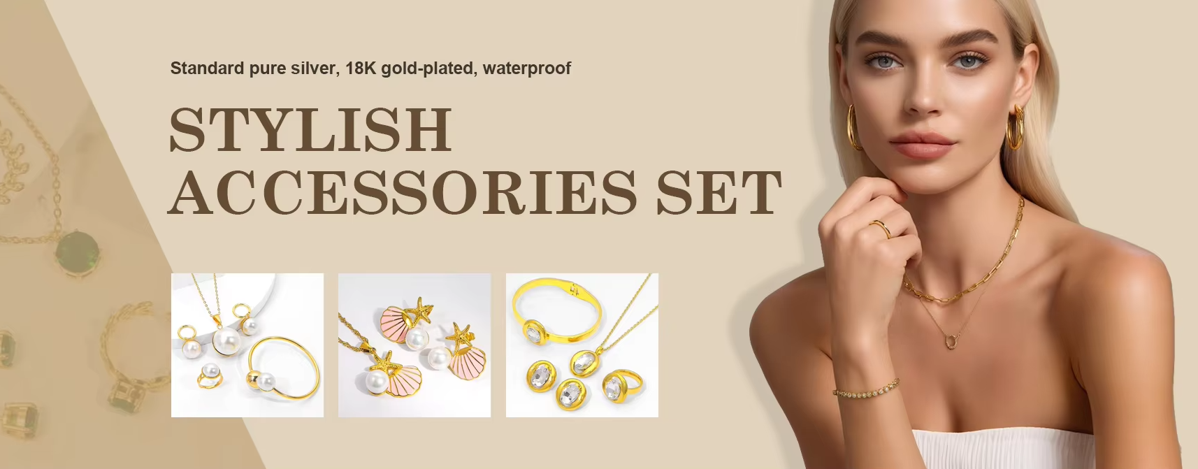 A display of modern stainless steel jewelry pieces including bangles, bracelets, and rings with various PVD gold finishes