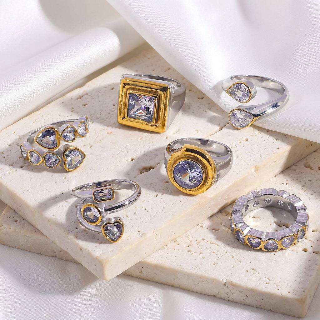 Gem-Set Stainless Steel Ring with CZ Stones Custom Design