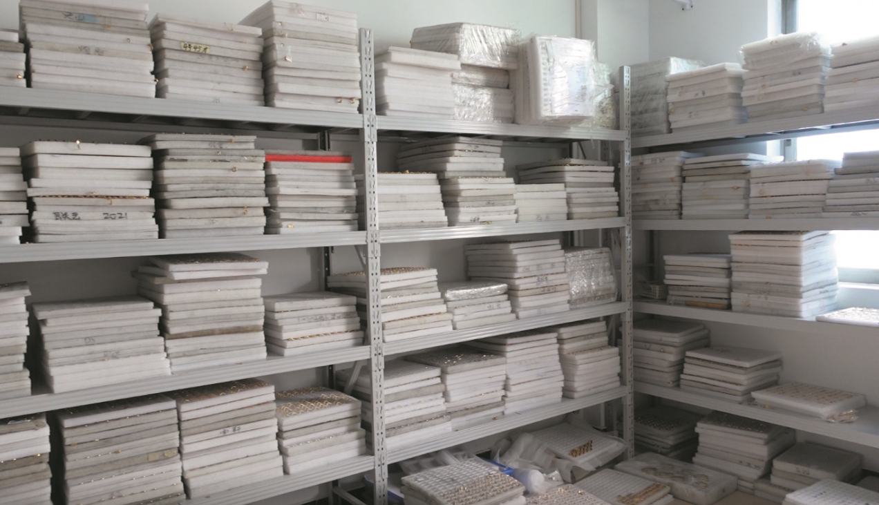 Finished stainless steel jewelry stored and staged for wholesale shipment and reorders
